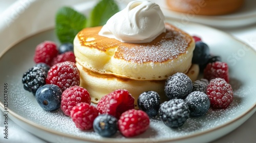Fluffy Japanese Soufflé Pancakes served with berries and cream 