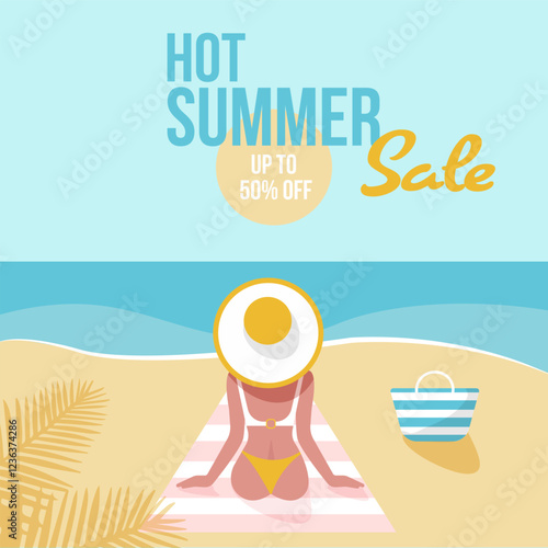 Hot summer sale.Beach vacation promotional illustration for social media, posters,banners, cards and flyers.Summer sales and discounts