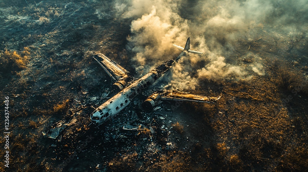 Naklejka premium Aerial view of a crashed plane outdoor open filed area a forest surrounded by smoke and scattered debris. Aviation disaster, emergency response, and environmental impact concepts.
