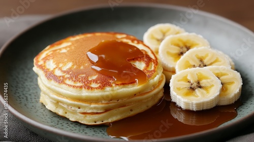 Fluffy Japanese Soufflé Pancakes served with banana slices and caramel