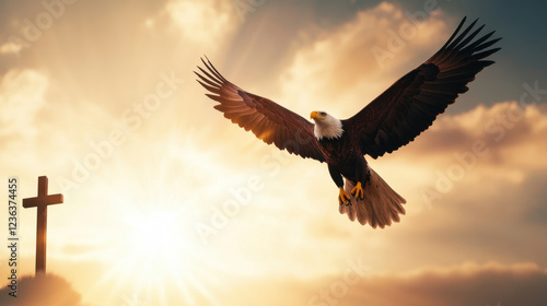 Wallpaper Mural Majestic eagle soaring in sky with cross silhouette at sunset, symbolizing freedom and spirituality. warm colors create serene atmosphere Torontodigital.ca