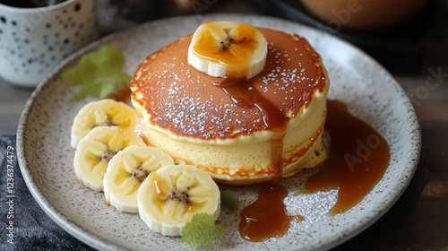 Fluffy Japanese Soufflé Pancakes served with banana slices and caramel