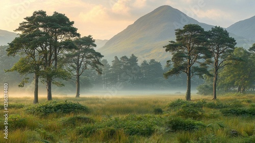 Majestic Mountain Sunrise Over Misty Highland Meadow
