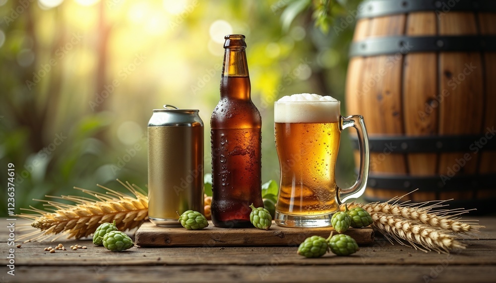 Assorted craft beers in a bottle, can, and mug with fresh hops and wheat on a wooden table in a lush outdoor setting Assorted craft beers in a bottle, can, and mug with fresh hops and wheat on a wooden table in a lush outdoor setting