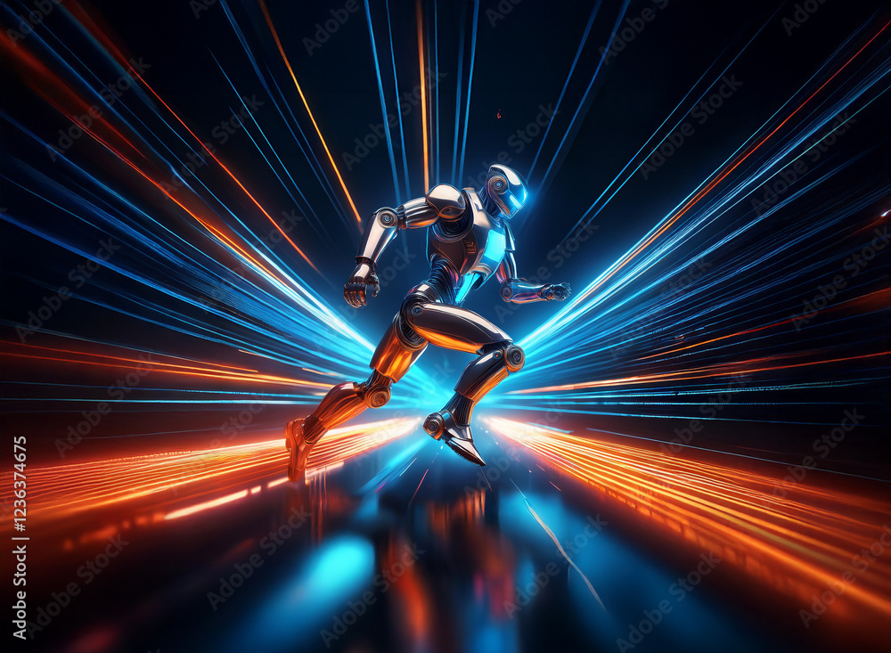 A metallic robot runs at incredible speed, light trails streaking behind it in a futuristic, dark setting. The scene is dynamic and full of energy. A metallic robot runs at incredible speed, light trails streaking behind it in a futuristic, dark setting. The scene is dynamic and full of energy.