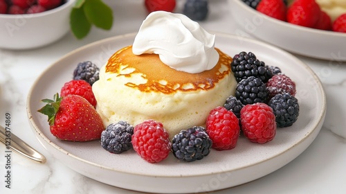 Fluffy Japanese Soufflé Pancakes served with berries and cream 