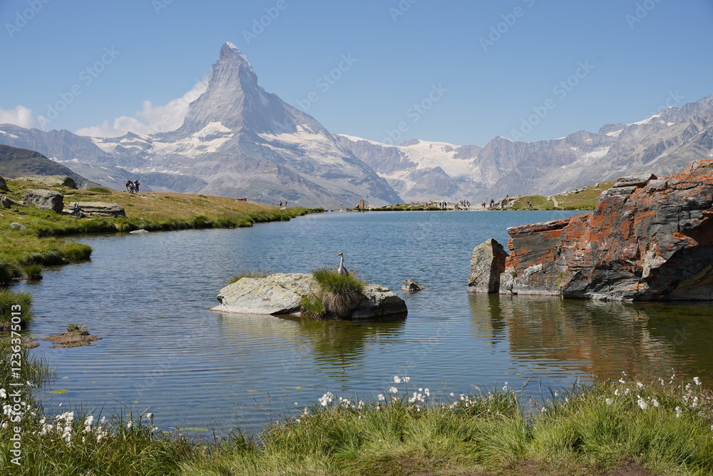 Matterhorn panoramic view mirroring in lake, popular hiking site in Zermatt, Switzerland