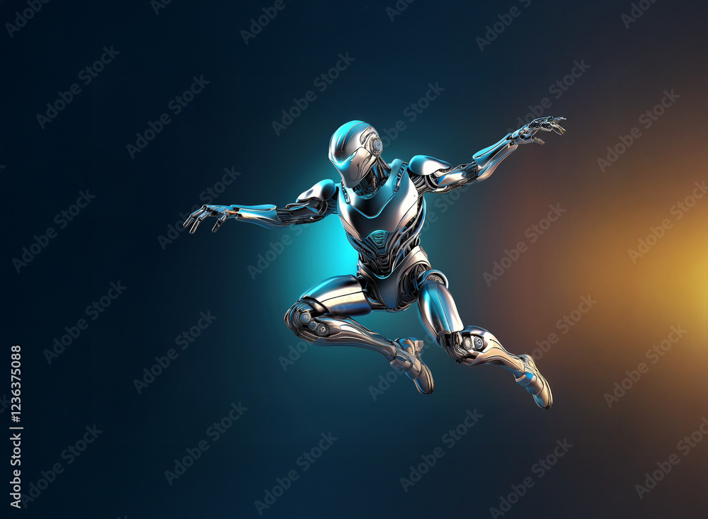 A chrome android leaps dynamically against a dark blue and gold gradient background. Its pose suggests agility and power. A chrome android leaps dynamically against a dark blue and gold gradient background. Its pose suggests agility and power.