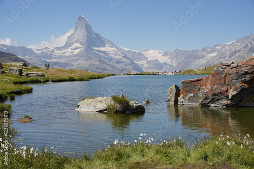 Obraz na płótnie Matterhorn panoramic view mirroring in lake, popular hiking site in Zermatt, Switzerland w salonie