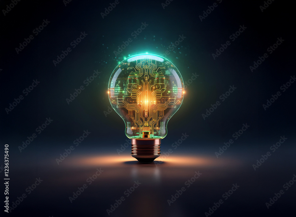 A glowing lightbulb with intricate circuitry inside, symbolizing innovation and technological advancement. The dark background emphasizes its brilliance. A glowing lightbulb with intricate circuitry inside, symbolizing innovation and technological advancement. The dark background emphasizes its brilliance.