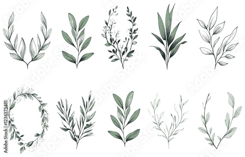 Botanical wedding logo with hand-drawn floral branches and rustic greenery, featuring an elegant homeplant monogram for a charming and organic touch.