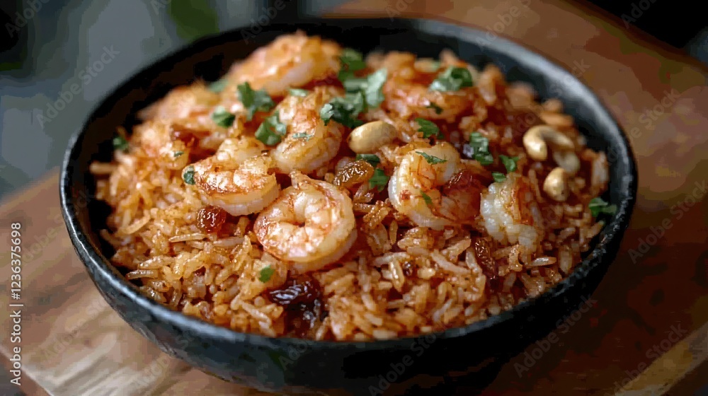 a sumptuous serving of chinese fried rice garnished with a generous serving of fried shrimp, mixed vegetables and choppped scallions a sumptuous serving of chinese fried rice garnished with a generous serving of fried shrimp, mixed vegetables and choppped scallions