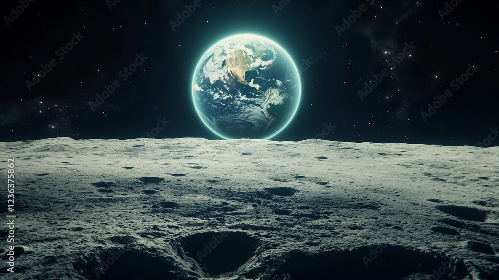 Obraz premium 月の地平線から浮かび上がる遠い地球の光