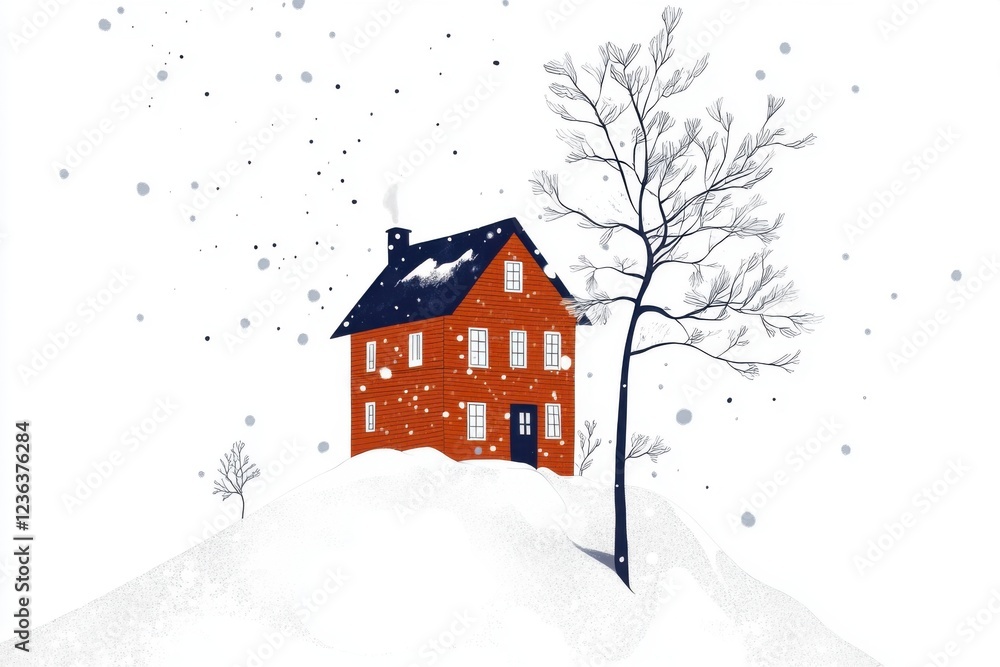 Fototapeta premium Minimalistic winter wonderland with snow-covered house and trees