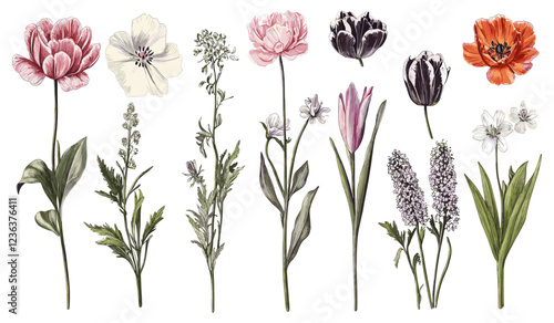 Colorful and fresh spring garden flowers set, perfect for adding natural charm and seasonal beauty to your home, bringing the spirit of spring indoors.