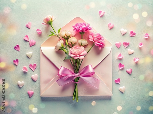 Romantic pink bow adorns a floral heart envelope, perfect wedding stationery for a love letter.