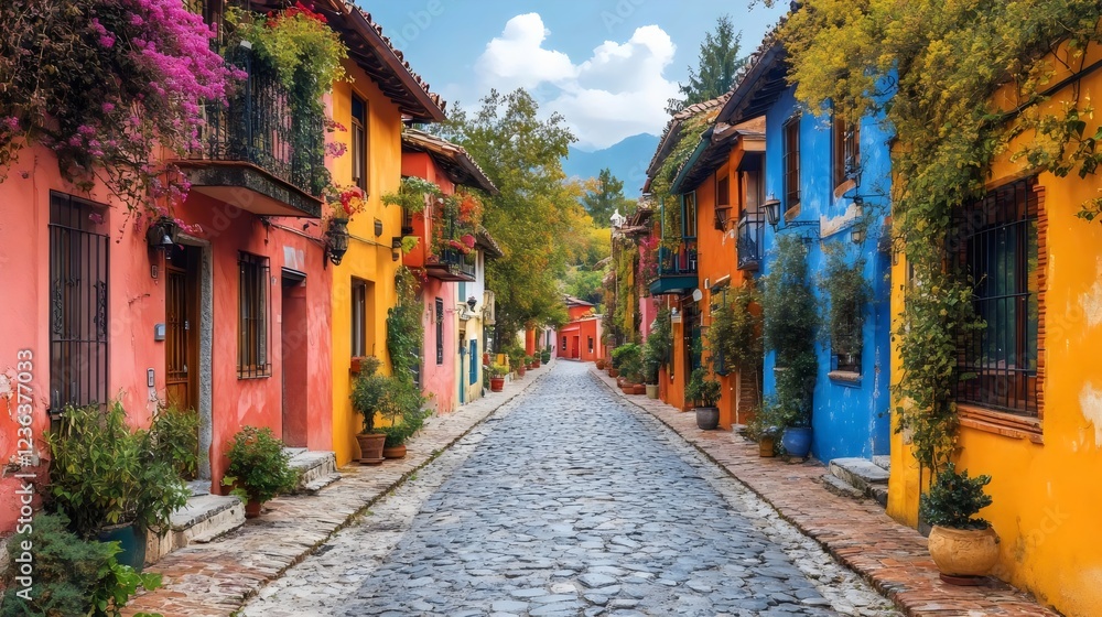 A colorful street with houses in various shades of red, blue, and yellow A colorful street with houses in various shades of red, blue, and yellow