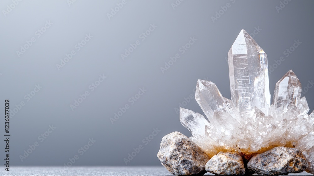 Sparkling quartz crystals on rocks, grey background; spiritual, wellness, geology