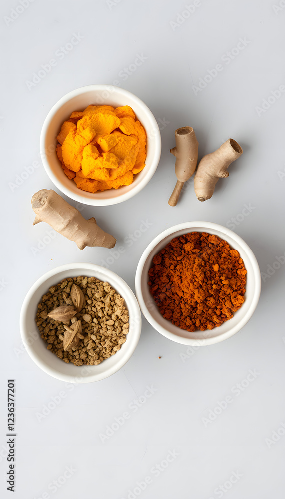 Spices in white bowls on a light gray table. Turmeric, ginger, curry, fennel and sumac in white bowls. Top view with space for text. Banner, angled photoshot. isolated with white shades Spices in white bowls on a light gray table. Turmeric, ginger, curry, fennel and sumac in white bowls. Top view with space for text. Banner, angled photoshot. isolated with white shades