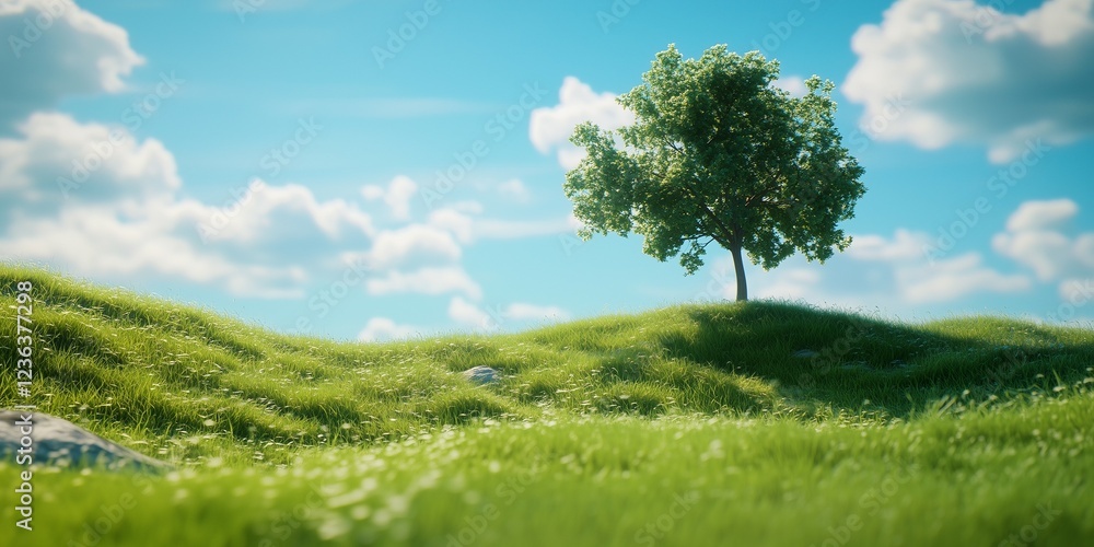 A green grassy meadow with a tree and a blue sky with clouds A green grassy meadow with a tree and a blue sky with clouds