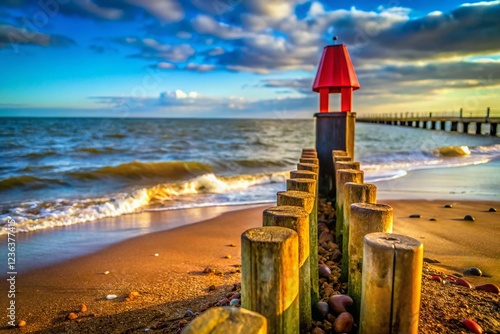 Groyne Markers on the Sandy Beach at Felixstowe photo