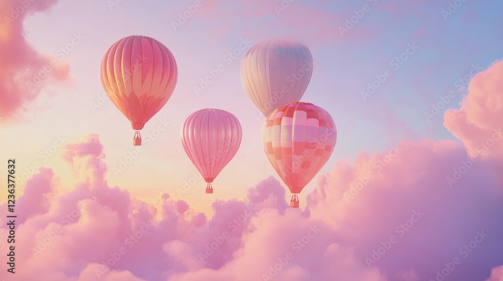 Fototapeta premium Colorful hot air balloons lifting into a dreamy pastel sunset sky, capturing the vibrant energy of a lively festival