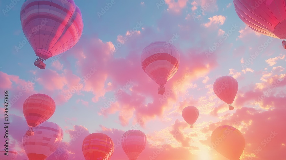 Fototapeta premium Colorful hot air balloons soaring into the pastel hues of a sunset sky during a lively festival scene