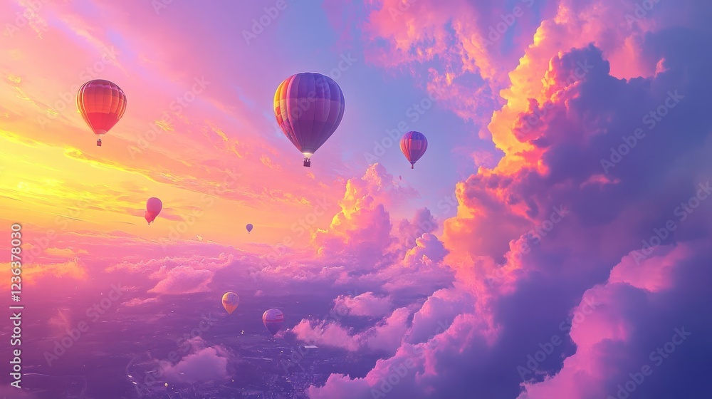 Obraz premium Vibrant balloons floating upward into a glowing pastel sky during a lively and colorful hot air balloon festival