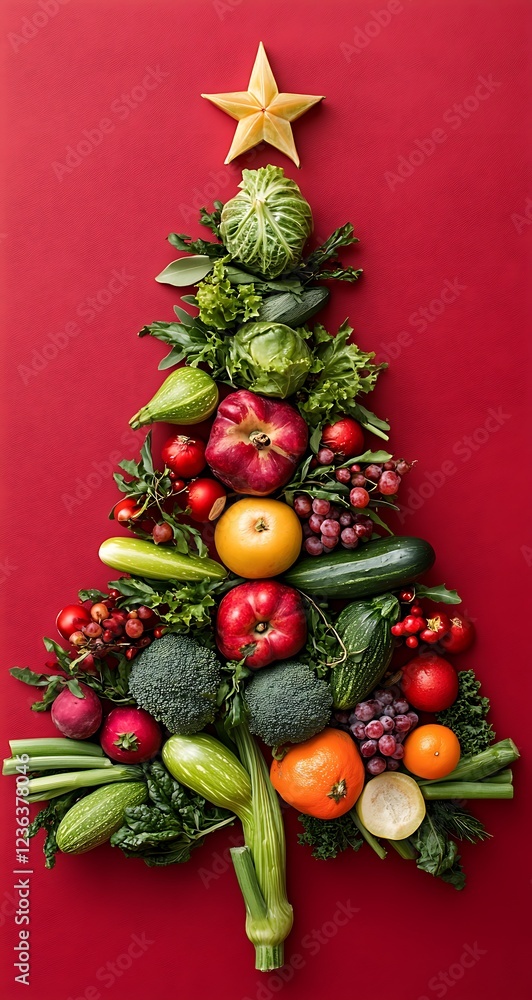 A Christmas tree made of vegetables and fruits on a red background A Christmas tree made of vegetables and fruits on a red background