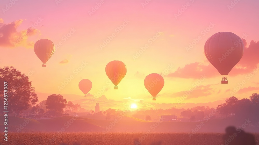 Fototapeta premium Vibrant hot air balloons floating across a serene pastel sunset sky during a lively festival celebration
