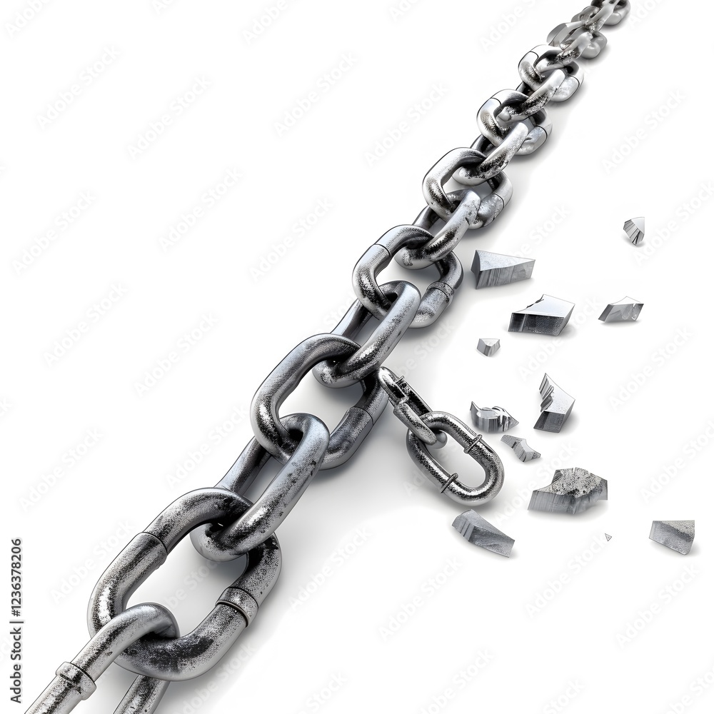 Broken Chain Link with Fragments on a White Background Broken Chain Link with Fragments on a White Background