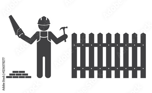 worker  with saw and hammer tool build fence icon