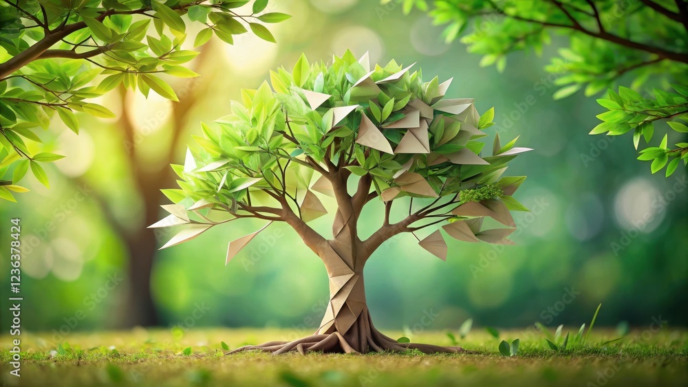Fototapeta premium A delicate origami paper tree takes root and begins to grow into a lush green real tree with intricate branches and leaves in a serene natural setting, botanical, origami
