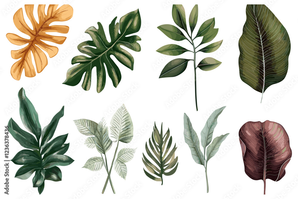 Obraz premium Tropical Leaves Collection, a Stunning Vector Set Featuring a Wide Range of Detailed Leaf Designs for Creative Projects and Illustrations
