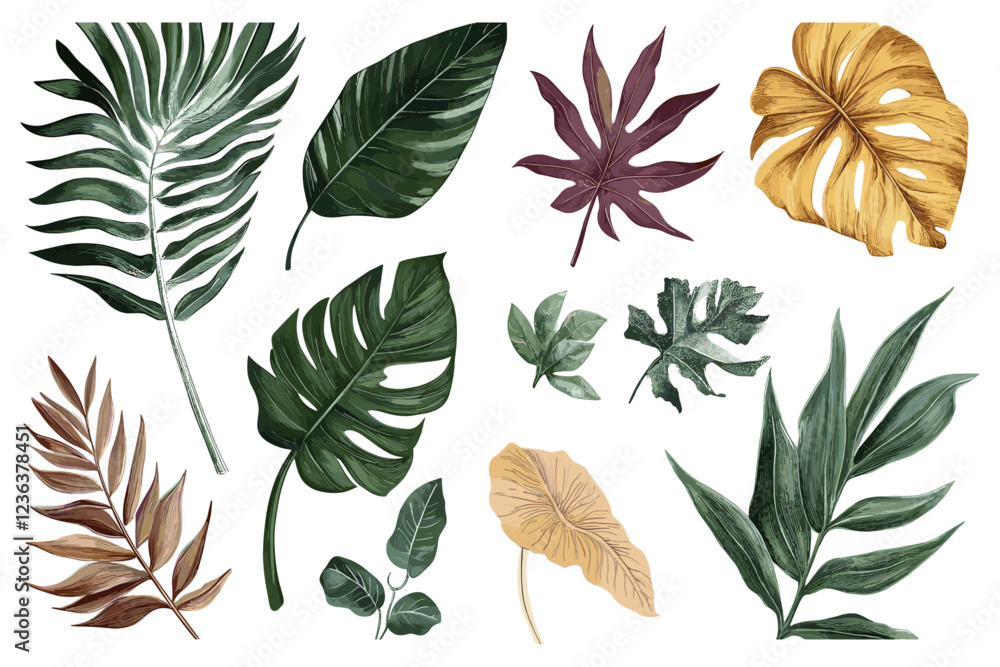 Vector Set of Tropical Leaves, Offering a Diverse Collection of Beautiful Leaf Illustrations with Intricate Detailing and Unique Styles Vector Set of Tropical Leaves, Offering a Diverse Collection of Beautiful Leaf Illustrations with Intricate Detailing and Unique Styles