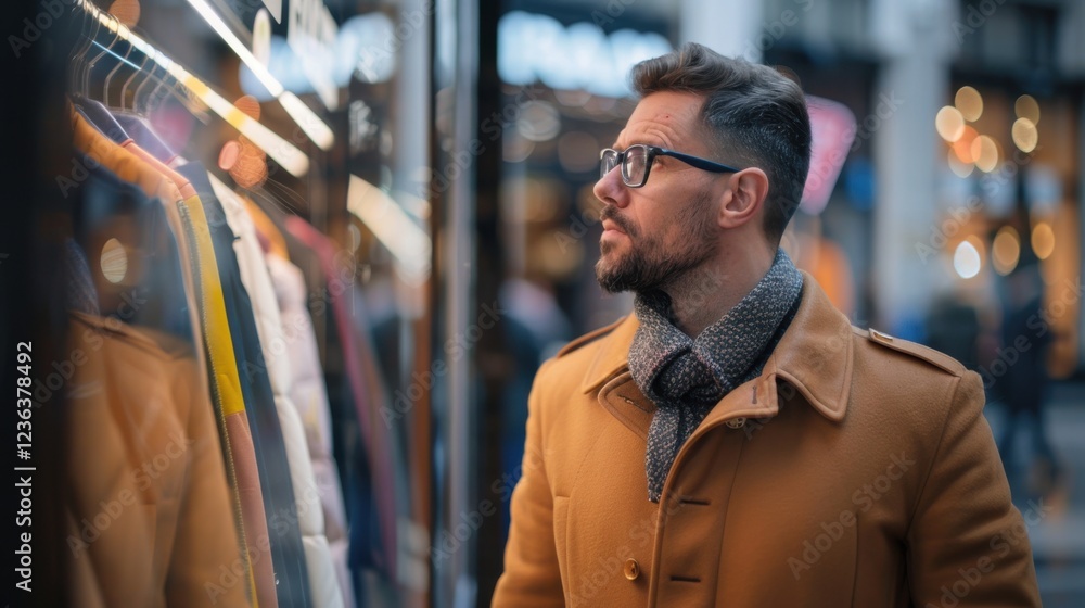 stylish man in a camel coat and scarf gazes at a fashion store window, reflecting warm city lights stylish man in a camel coat and scarf gazes at a fashion store window, reflecting warm city lights
