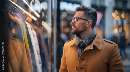 stylish man in a camel coat and scarf gazes at a fashion store window, reflecting warm city lights