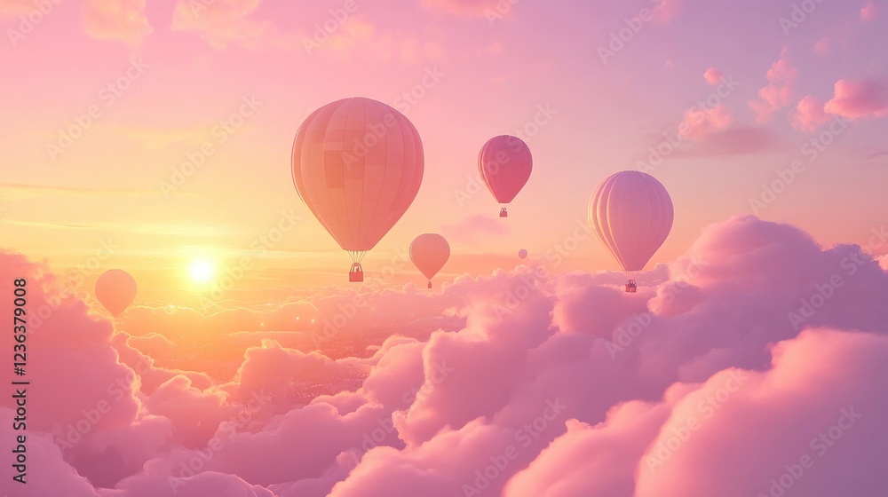 Obraz premium A magical hot air balloon festival with vibrant balloons decorating the soft pastel hues of a glowing sunset sky
