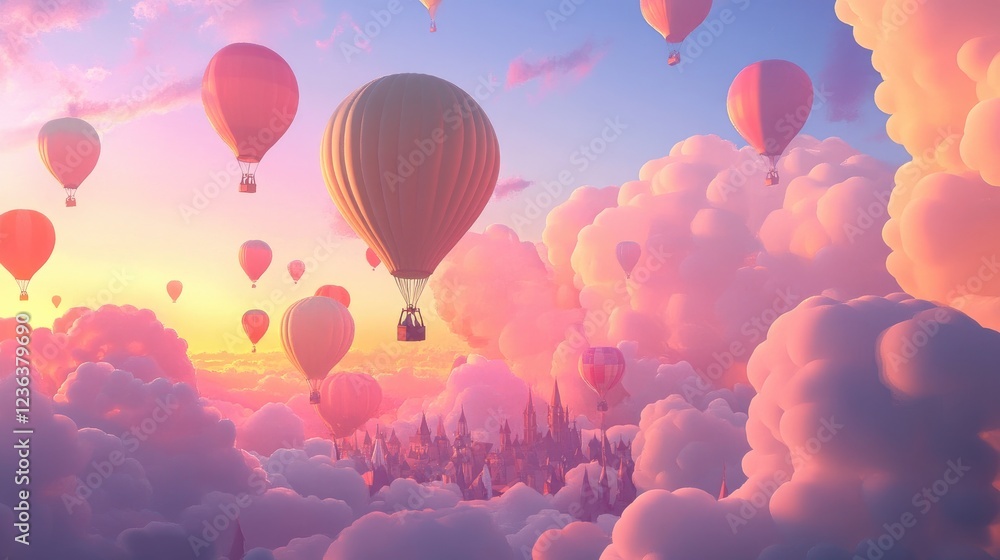 A vibrant hot air balloon festival with bright balloons decorating the pastel hues of a dreamy sunset sky