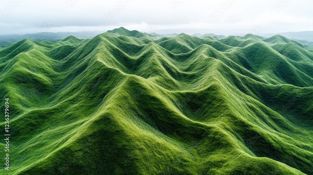 Lush green hills, aerial view, dramatic mountainscape, cloudy sky Lush green hills, aerial view, dramatic mountainscape, cloudy sky