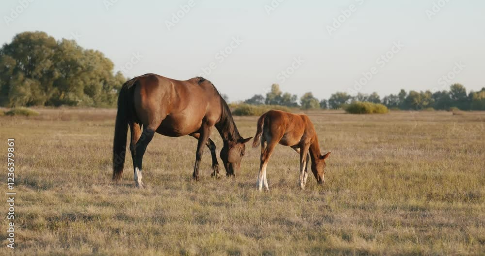 Herd of Horses Grazing on Field Pastures on Countryside. Rural Scene 4K 10-bit Herd of Horses Grazing on Field Pastures on Countryside. Rural Scene 4K 10-bit