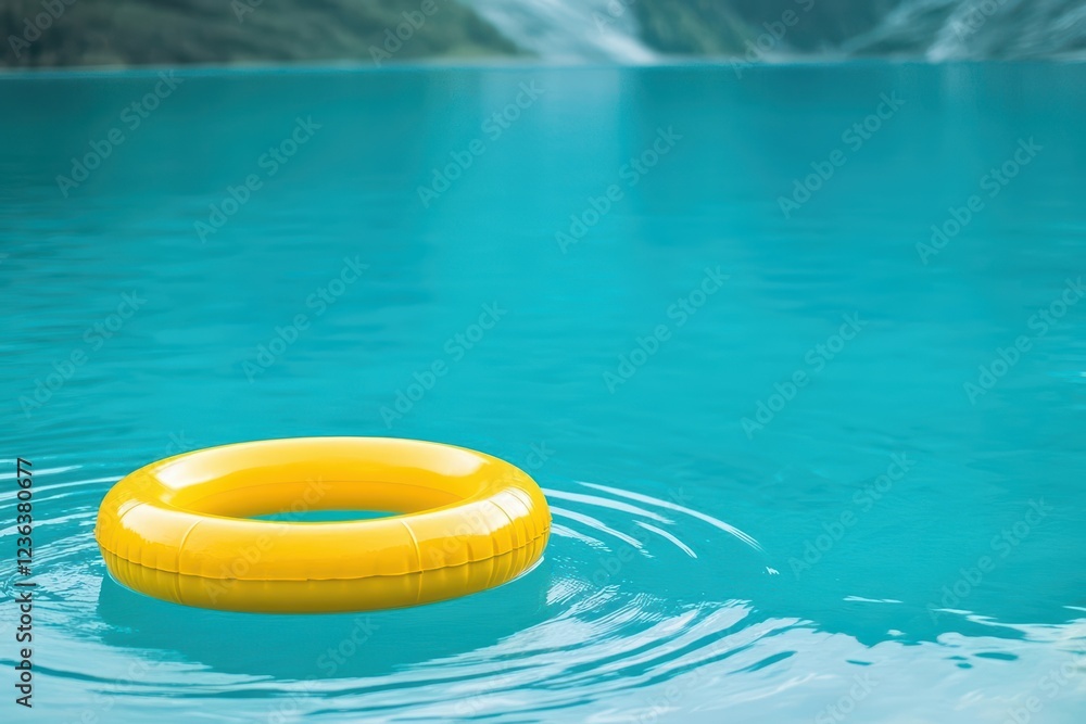 Bright Yellow Life Floating Gracefully in Tranquil Blue Swimming Pool Water Evoking Safety and Relaxation in a Summer Leisure Setting