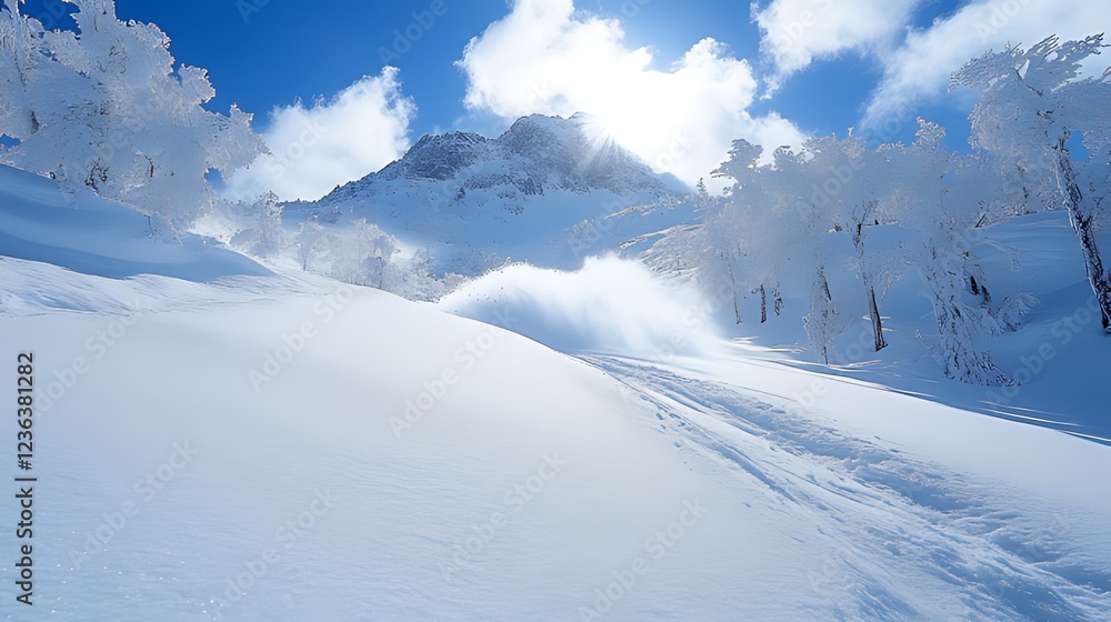Snowmobiler carving powder, snowy mountain backdrop Snowmobiler carving powder, snowy mountain backdrop
