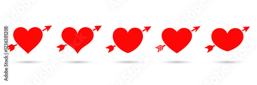 Set of red pierced heart icons for Valentine's Day. Heart icon set. Heart and arrow vector icons. Symbol lovestruck.