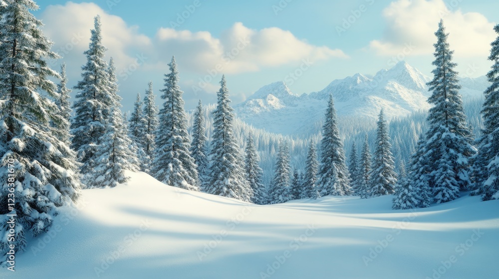 Fototapeta premium A serene snowy forest path leading to a majestic mountain range. The scene is quiet and tranquil, an idyllic winter landscape.