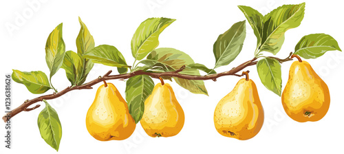 Vintage botanical pear tree branch with ripe yellow pears, soft natural tones, and green leaves, elegant fruit decor