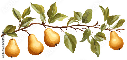 Vintage fruit decor featuring a pear tree branch with ripe yellow pears and lush green leaves in soft natural tones