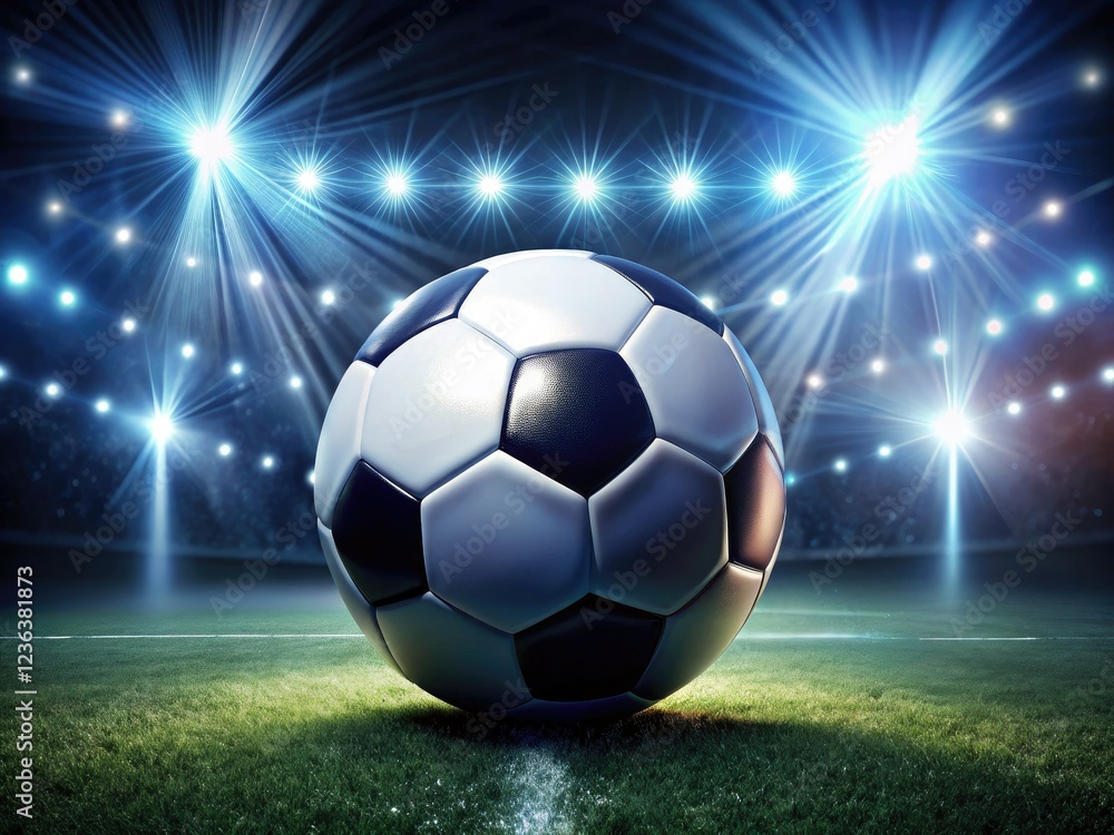 Fototapeta premium Stunning 4K animation: a rotating soccer ball in slow motion, bathed in stadium lights, looping seamlessly.