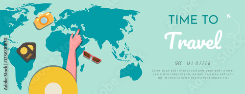 Time to travel banner.Top view of a girl looking for a new destination of next trip.Flat style vector illustration
