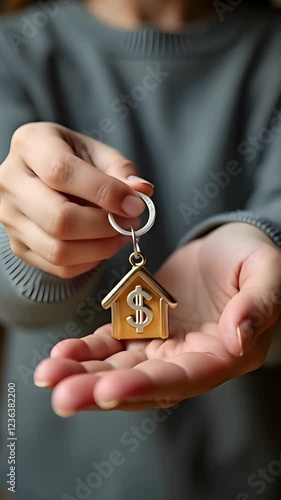 Wallpaper Mural A person holds a house keychain with a dollar sign, symbolizing real estate investment or home ownership. The individual appears to be an adult, female, Asian descent Torontodigital.ca